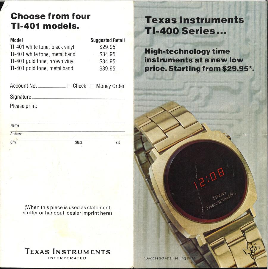 photo of an archived Texas Instruments watch catalog showing the TI-400 series LED watch